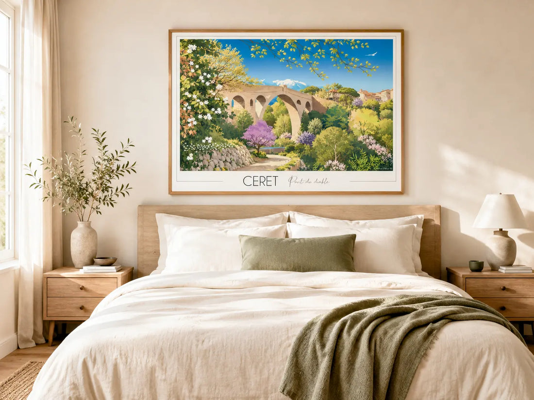 Décoration murale de chambre adulte avec affiche en cadre au dessus du lit