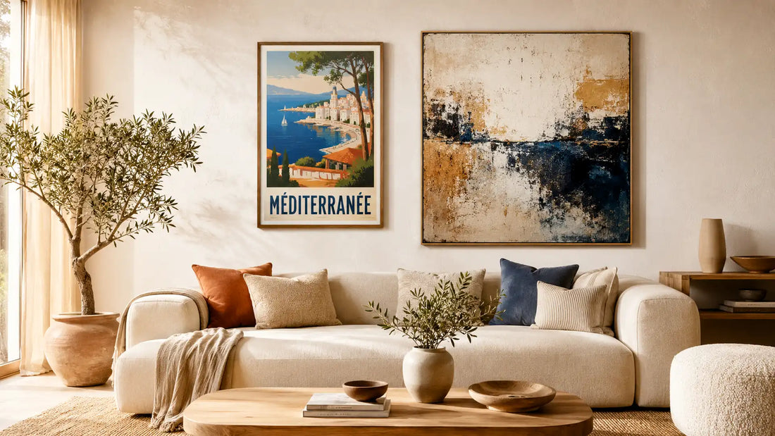travel poster et tableau mural dans une décoration intérieure de salon