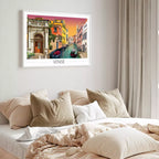 Affiche illustrée Venise avec canal, gondole et bâtiments colorés, idéale décoration murale voyage