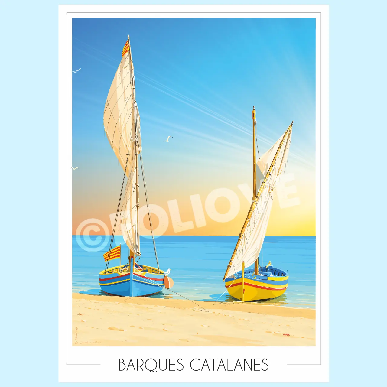 Barques catalanes sur plage, affiche voyage dessinée à la main, tirage limité, imprimé en France