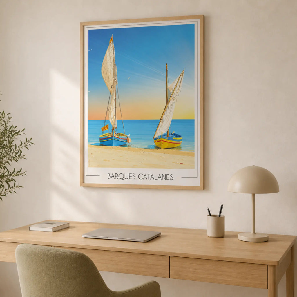 Affiche de voyage Barques Catalanes, bateaux colorés sur plage, tirage limité, imprimé en France