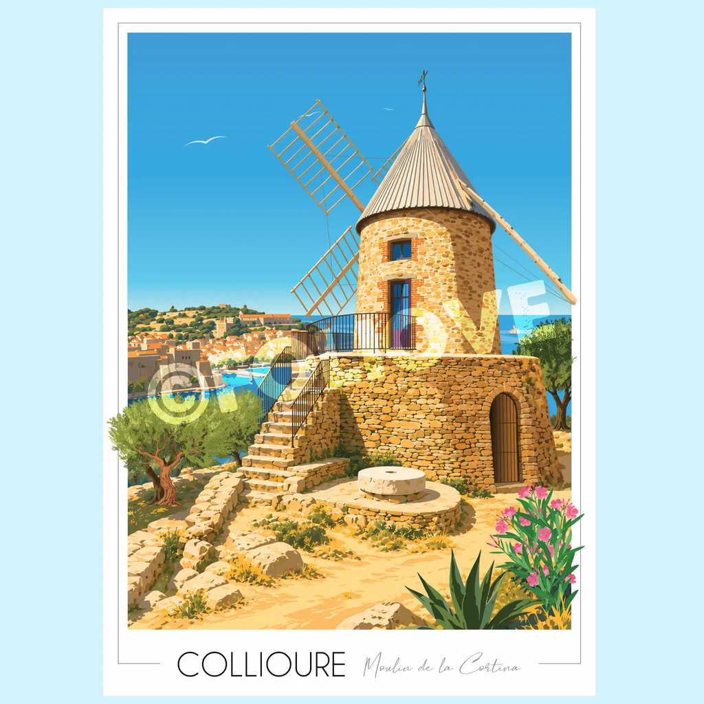 Affiche Collioure Moulin de la Cortina — illustration originale dessinée à la main par Marie Troff, Foliove. Moulin en pierre du XVIIe siècle, oliviers et vue sur le port catalan.