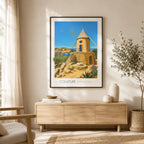 Affiche Collioure Moulin de la Cortina avec cadre noir, déco murale salon méditerranéen tirage limité Marie Troff, Pyrénées-Orientales, Côte Vermeille.