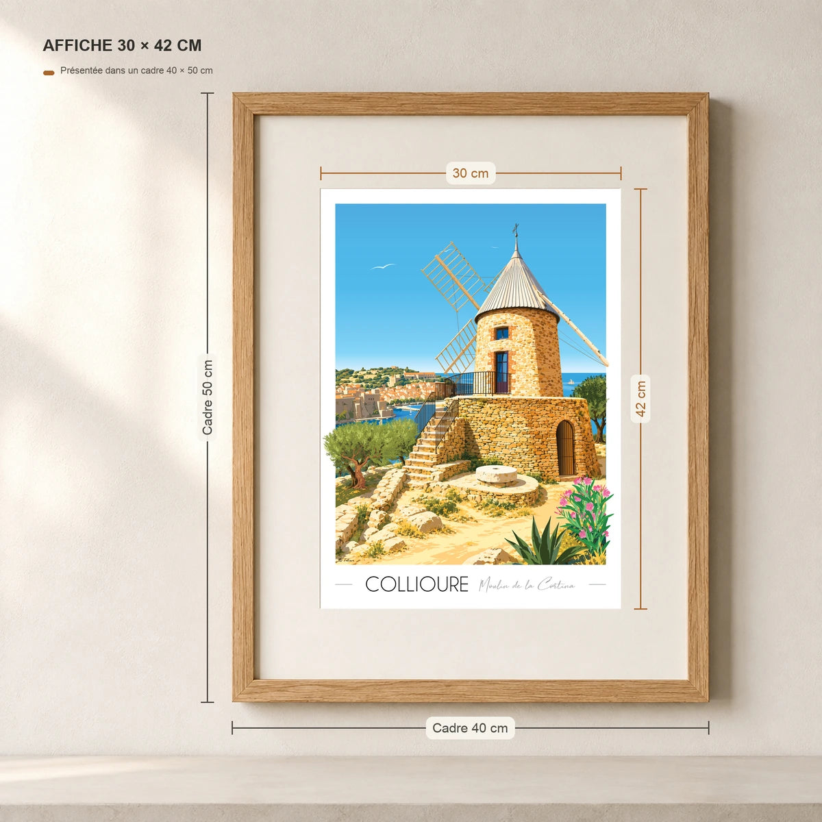 Affiche du moulin de Collioure A3 dans un cadre 40x50 cm