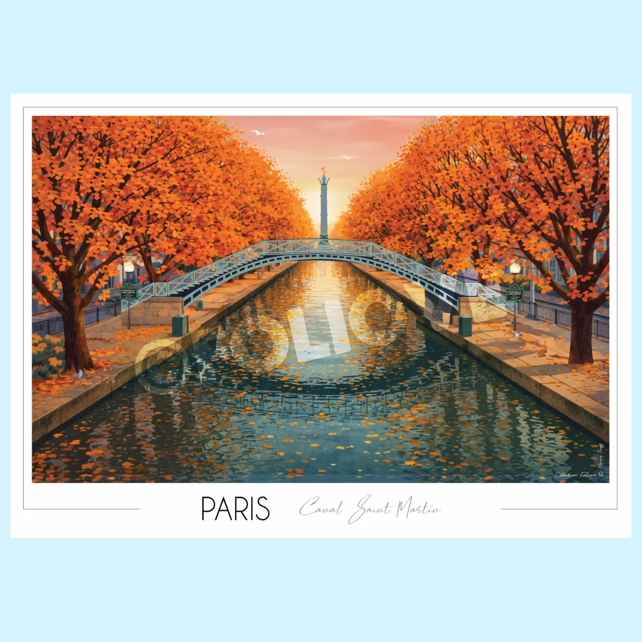 Affiche Paris Canal Saint Martin à l'automne. La seine et la passerelle Jeanne Birkin