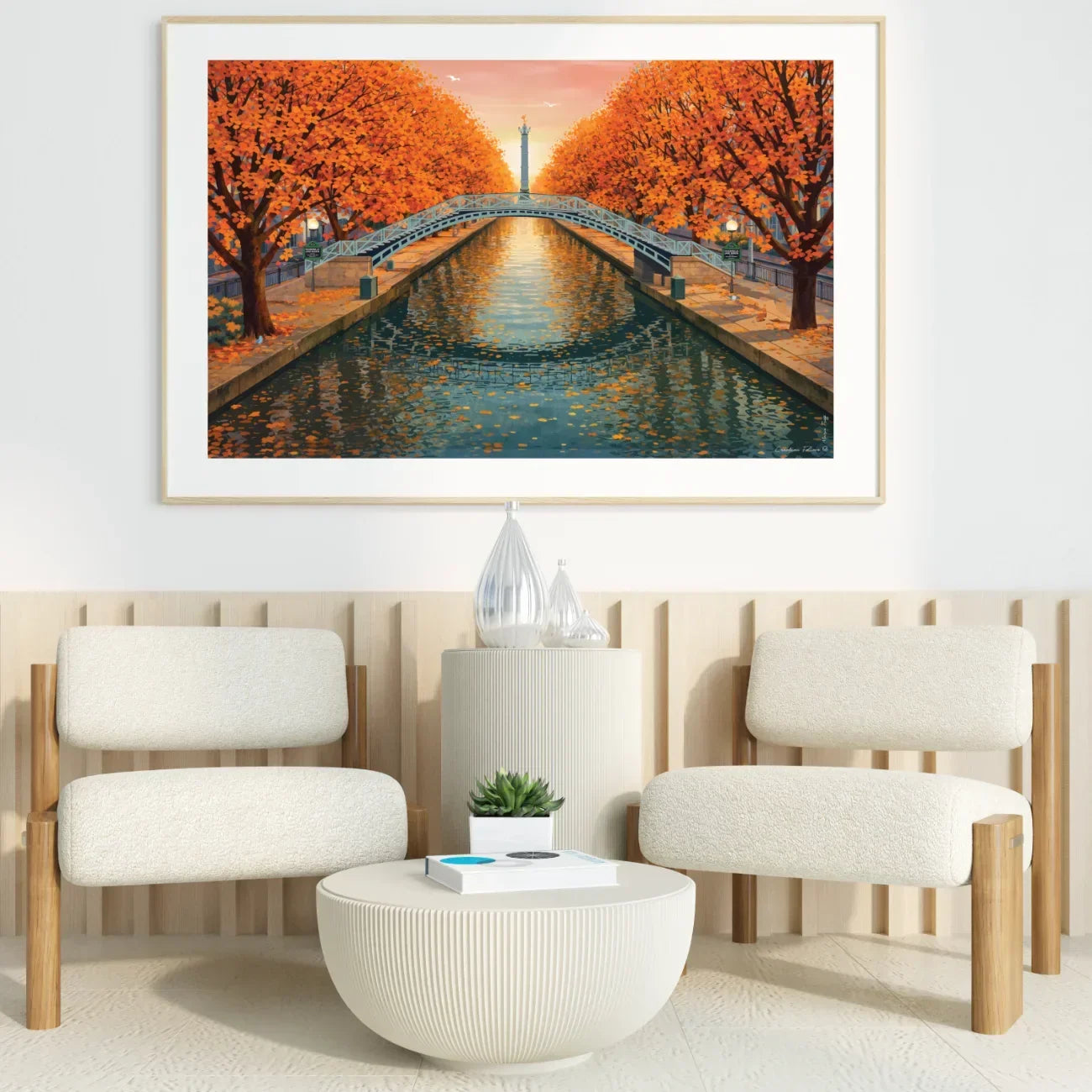 Poster du Canal Saint Martin avec la Bastille de Paris, dans une décoration murale de salon