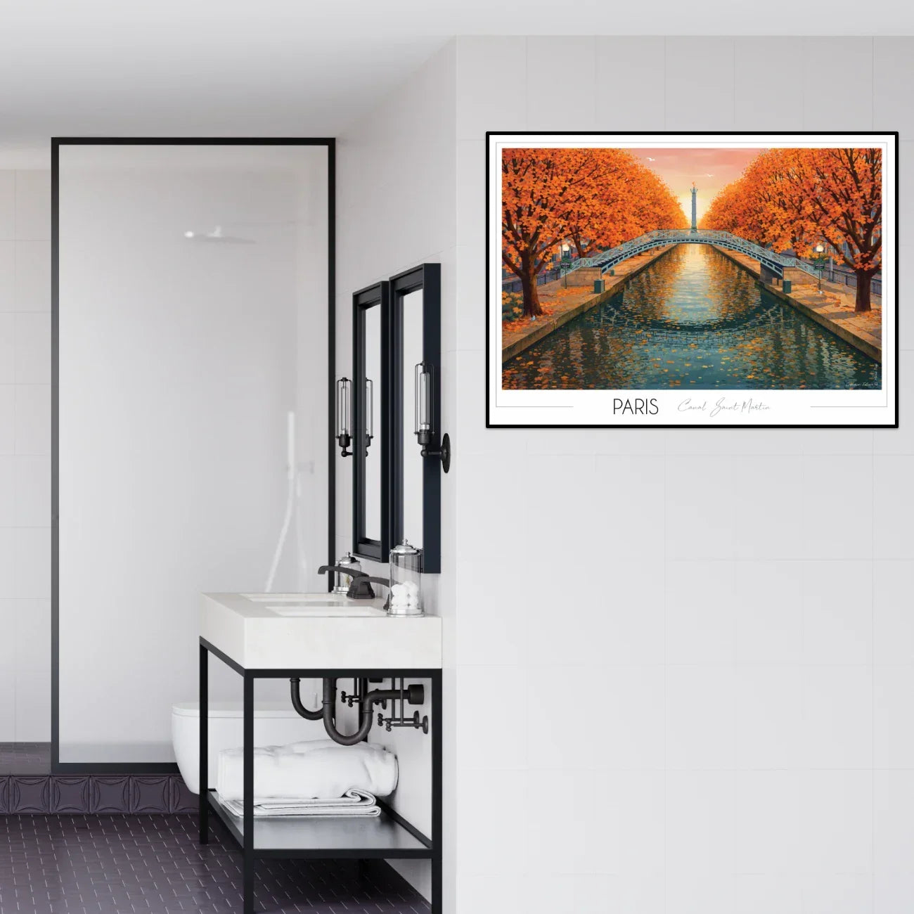 Décoration de salle de bain élégante avec une affiche colorée de Paris et son canal saint martin à l'automne