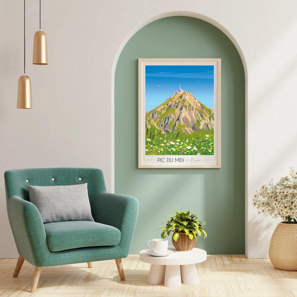 Décoration murale de salon avec l'affiche Pic du Midi avec dominante verte. Esprit montagne. 