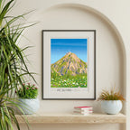 Poster Pic du Midi au printemps ou en été avec les champs en fleurs. Affiche mise en cadre dans une décoration épurée.
