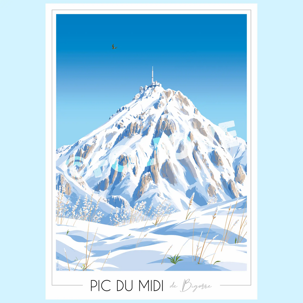 Illustration du Pic du Midi en hiver avec observatoire sous la neige
