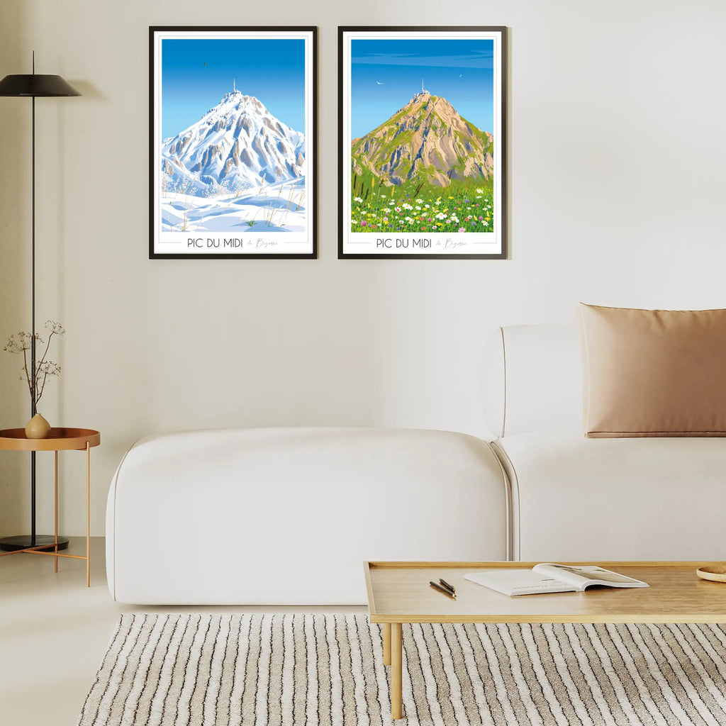 Affiches Pic du Midi en hiver et en été. Dyptique.