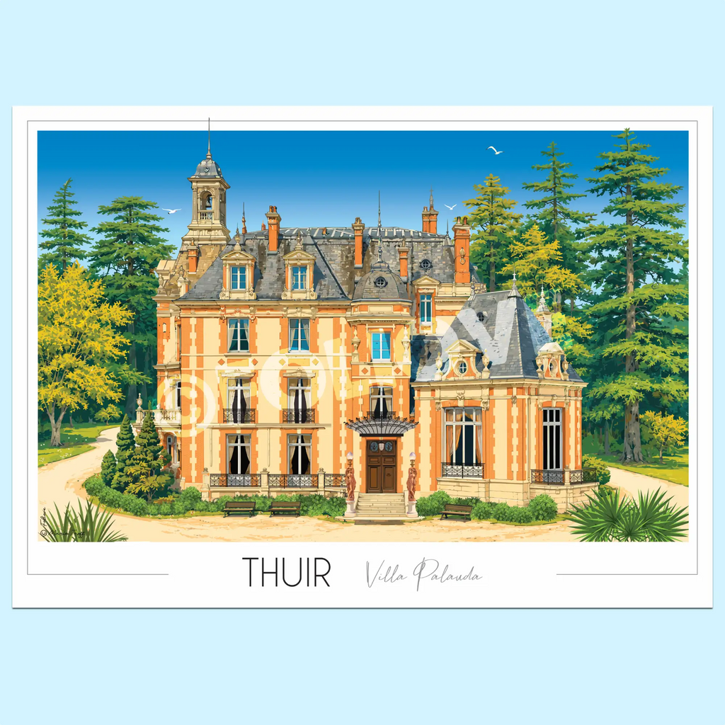 Affiche Villa Palauda à Thuir illustrée par Marie Troff : demeure de brique et pierre aux toits d'ardoise, campanile et parc de cèdres