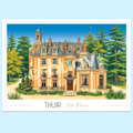 Affiche Villa Palauda à Thuir illustrée par Marie Troff : demeure de brique et pierre aux toits d'ardoise, campanile et parc de cèdres