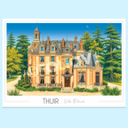 Affiche Villa Palauda à Thuir illustrée par Marie Troff : demeure de brique et pierre aux toits d'ardoise, campanile et parc de cèdres