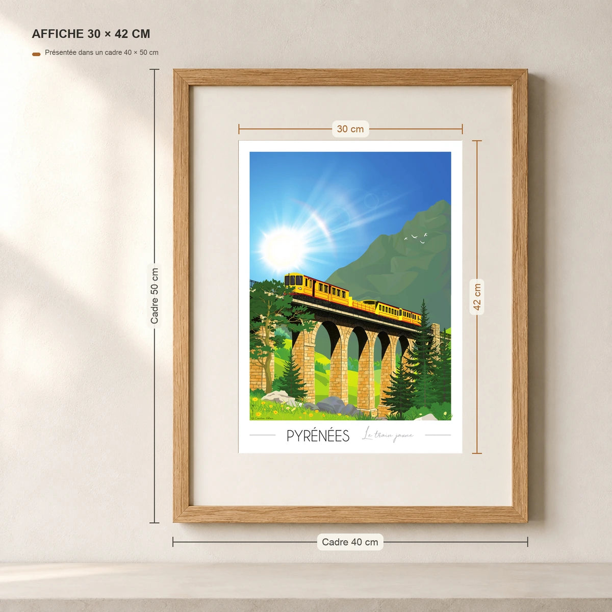 Train Jaune des Pyrénées au format A3 dans un cadre 40x50 cm