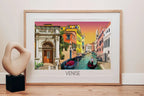 Affiche illustrée de Venise avec canaux, gondoles et bâtiments colorés au coucher du soleil