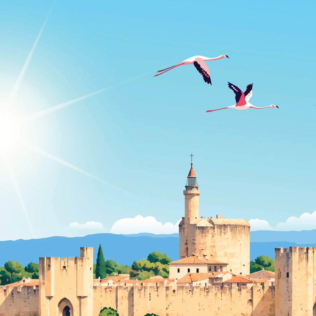Gros plane affiche aigues-mortes flamants roses