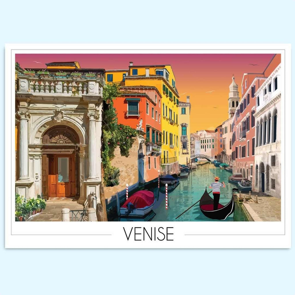 Affiche illustrée de Venise avec gondole, canaux et bâtiments colorés au coucher du soleil