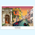 Affiche illustrée de Venise avec gondole, canaux et bâtiments colorés au coucher du soleil