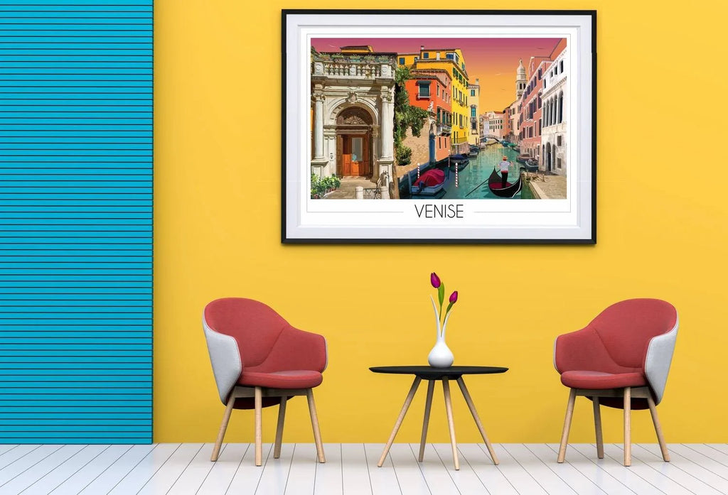 Affiche illustrée de Venise avec canaux, gondoles et bâtiments colorés, idéale pour décoration murale.