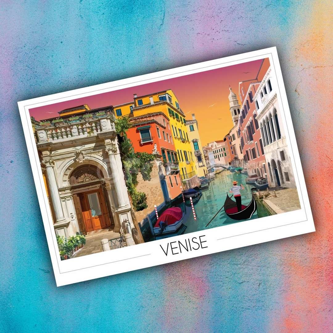 Affiche illustrée Venise avec canaux, gondoles et bâtiments colorés au coucher du soleil