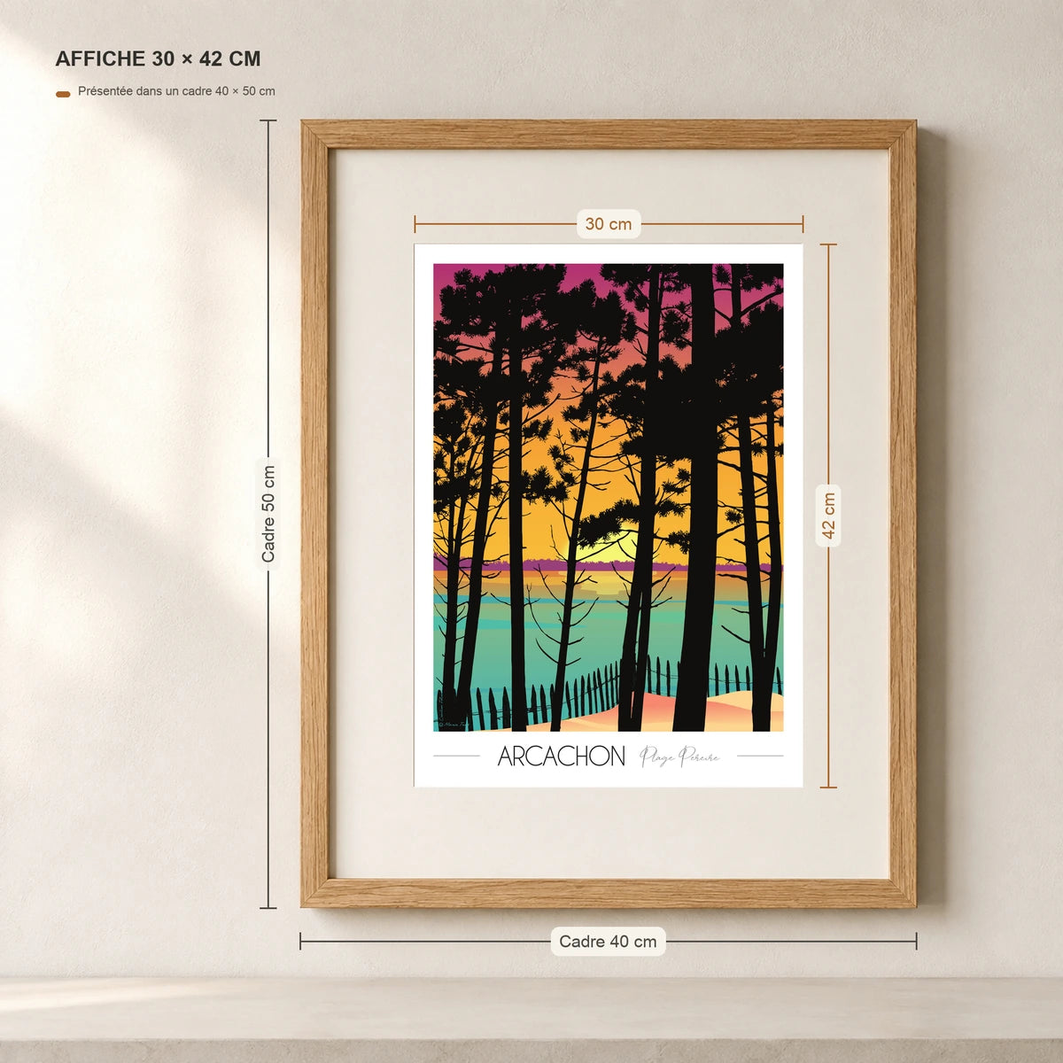Plage Pereire sur le Bassin d'arcachon en affiche A3 dans un cadre 40x50 cm