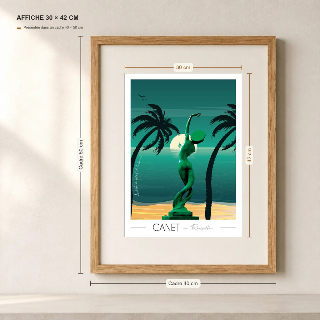 Canet en roussillon statue affiche A3dans un cadre 40x50 cm