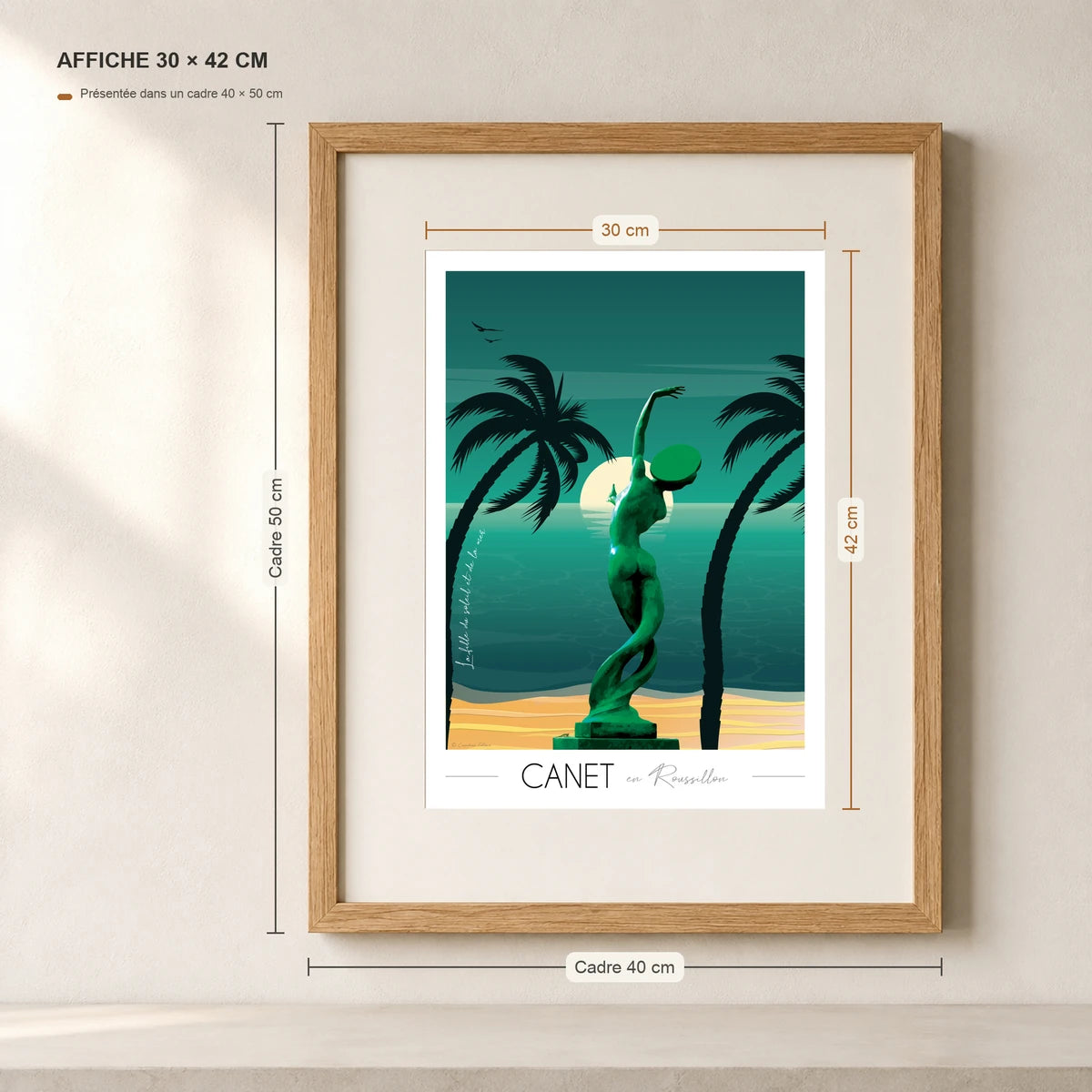 Canet en roussillon statue affiche A3dans un cadre 40x50 cm