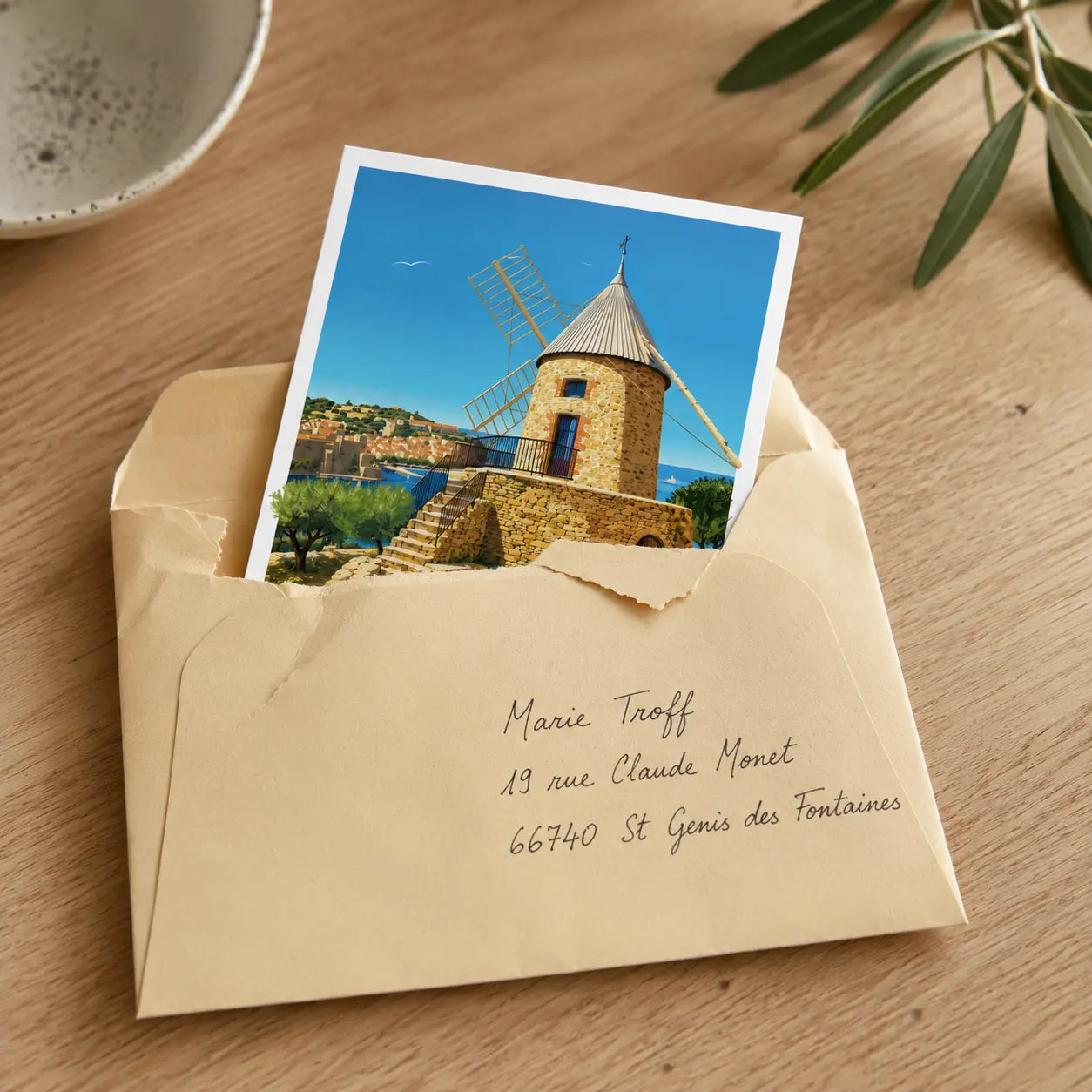 Petite illustration du moulin de Collioure en carte postale. Souvenir catalan des Pyrénées Orientales