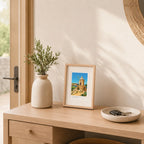 Carte postale de collioure dans une illustration petit format en cadre. Decoration originale pour une entrée.