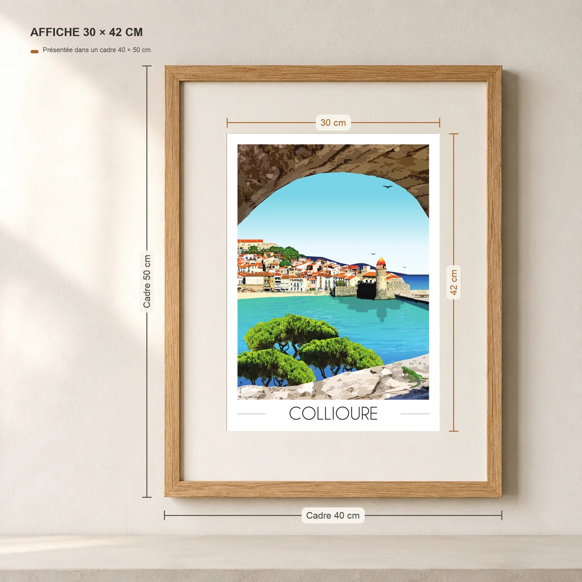 Collioure village de pecheurs Pyrénées Orientales affiche A3 dans un cadre 40x50 cm