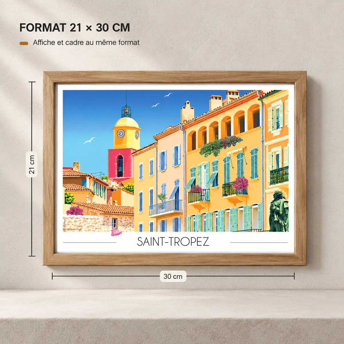 Affiche Saint Tropez format A4 dans un cadre en bois 21x30 cm