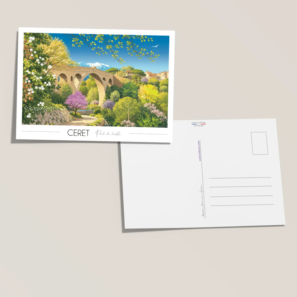 Carte postale Céret Pont du Diable au printemps illustration originale dessinée à la main par Marie Troff, Foliove. Pont médiéval en arches, cerisiers en fleurs, glycines violettes et Canigou enneigé en arrière-plan, Pyrénées-Orientales.