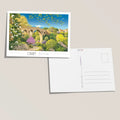 Carte postale Céret Pont du Diable au printemps illustration originale dessinée à la main par Marie Troff, Foliove. Pont médiéval en arches, cerisiers en fleurs, glycines violettes et Canigou enneigé en arrière-plan, Pyrénées-Orientales.