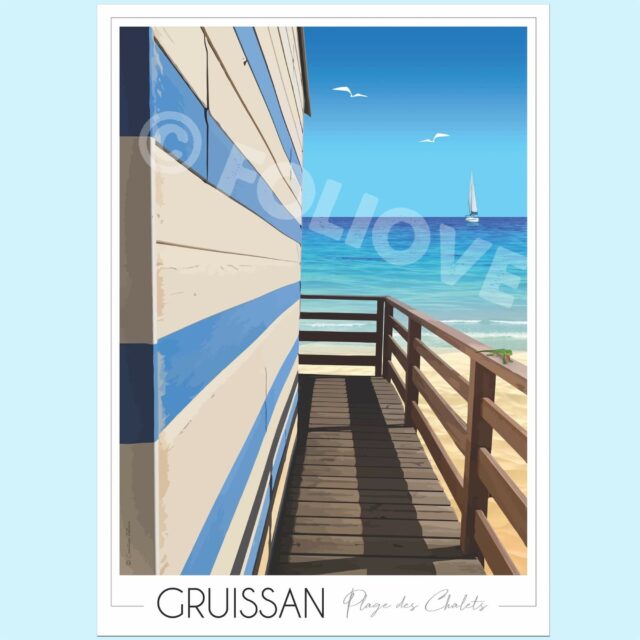 affiche Gruissan cabane plage blanc et bleu