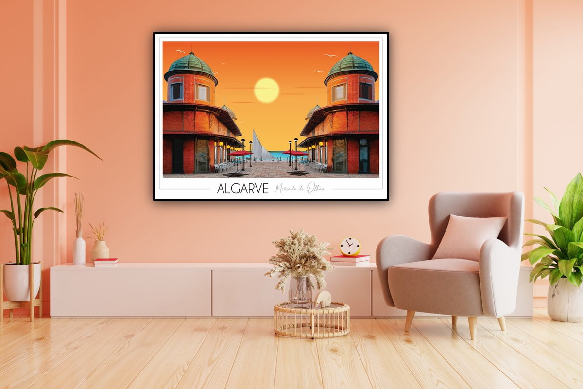 Affiches Foliove Algarve dans un salon cosy peach fuzz