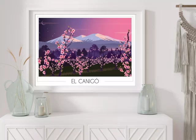 Poster du Canigou avec les arbres en fleurs style mont fuji