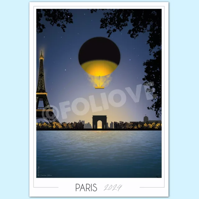 Poster Paris 2024 Chaudron Olympique tout Eiffel Arc de Triomphe