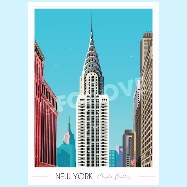 Illustration colorée du Chrysler Building à New York, chef-d'œuvre de l'architecture Art Déco. Le ciel bleu met en valeur les lignes élégantes et les détails raffinés de cette tour emblématique, entourée des immeubles new-yorkais