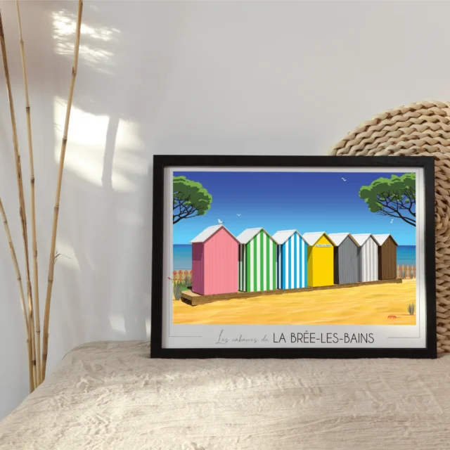 Illustration artistique des cabanes de La Brée-les-Bains, vue sur l’océan